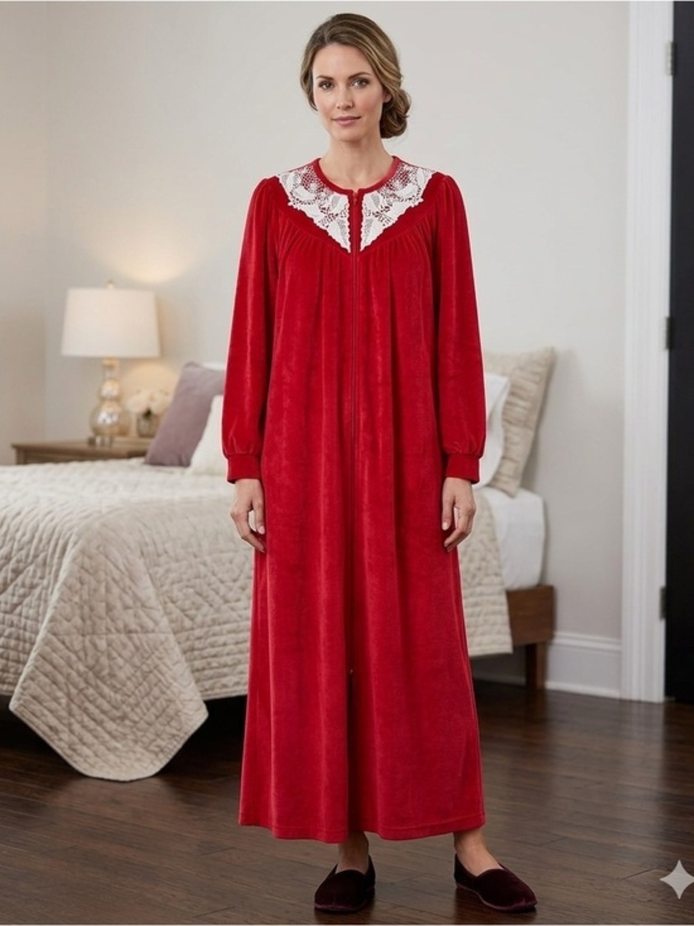 Vintage Sabrina By Mervyns Women’s X Large Red Velour Maxi Gown Lace Collar XL